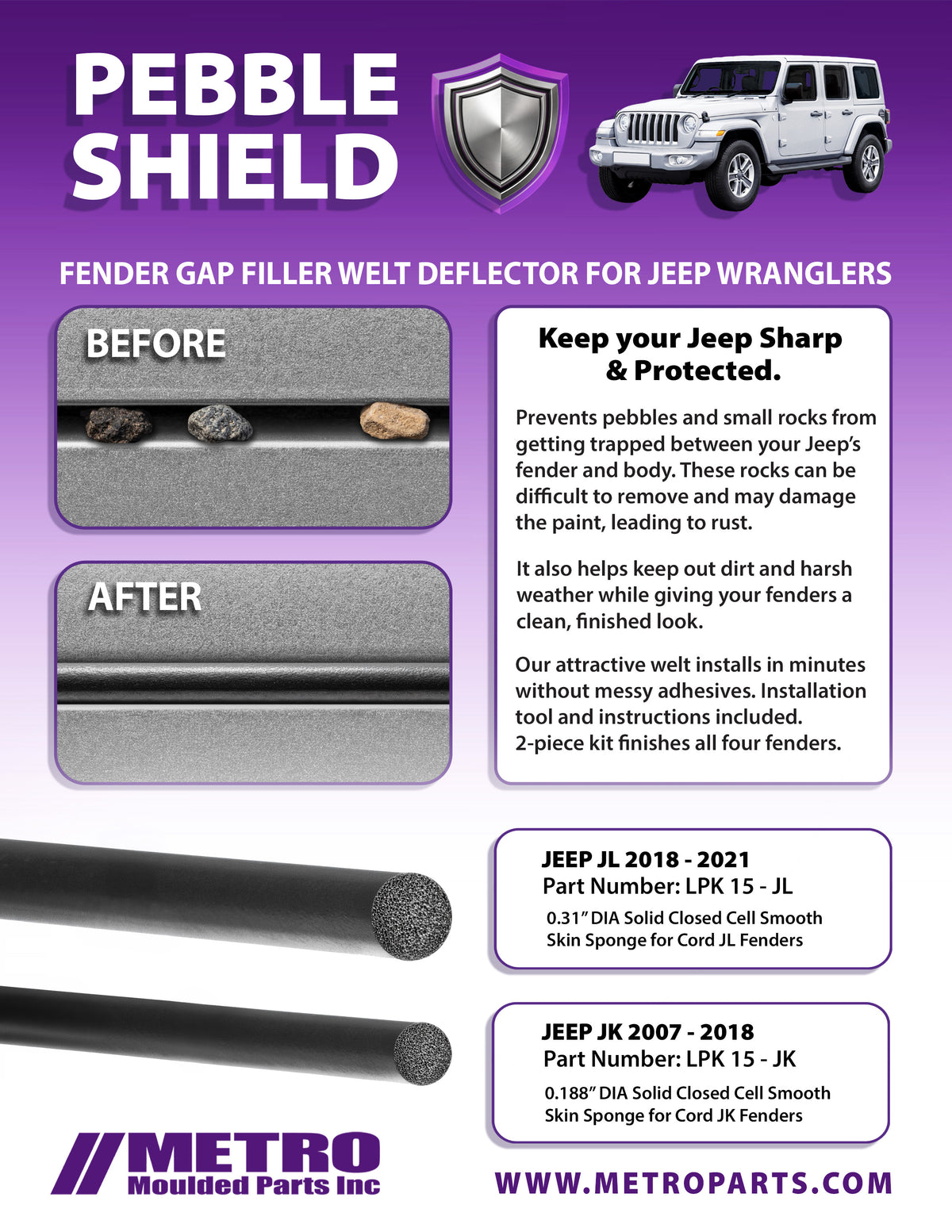 Fender Gap Filler Welt Deflector, 18-21 Jeep Wrangler JL, .31" Dia., 25 Ft.