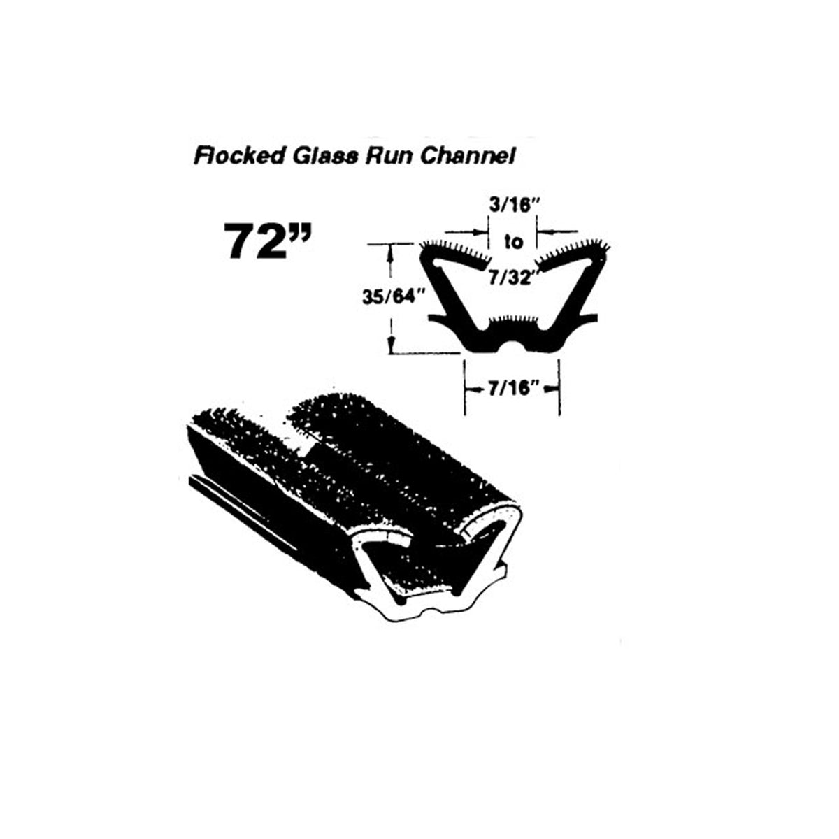 Flocked Glass Run Channel, Used on Upper & Lower Division Bars, 72" Pc; WC 15-72